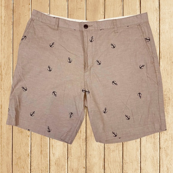 Dockers Other - Dockers Mens Size 38W Anchor Print Shorts Tan Khaki Flat Front Nautical Summer
